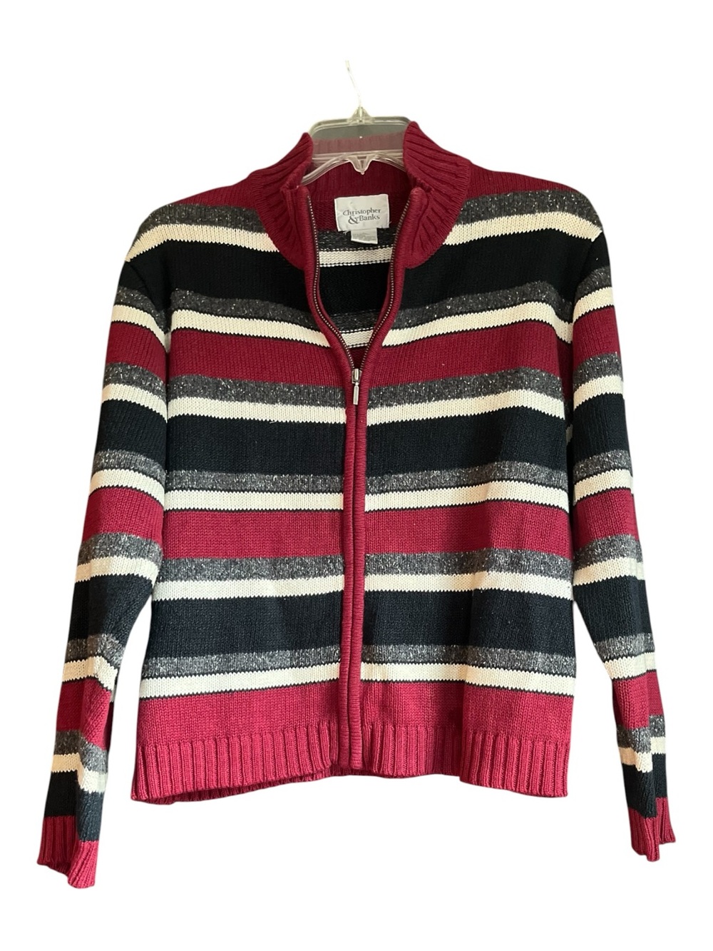 Christopher & Banks Striped Full Zip Sweater Large Mock Neck Knit Red L